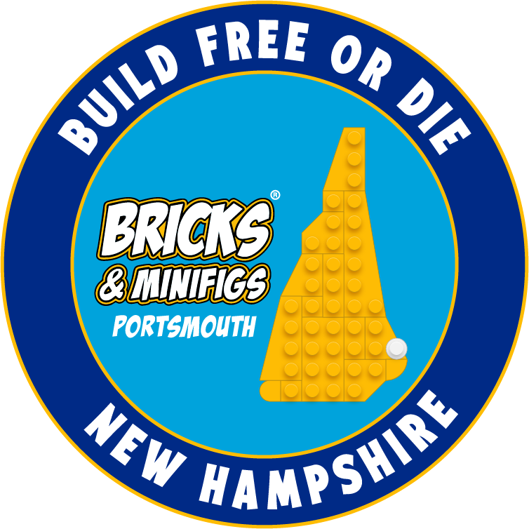 A round sticker promoting Bricks & Minifigs in Portsmouth, NH.